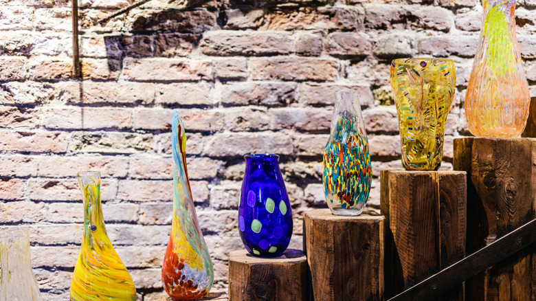 Murano glass items displayed on a staircase