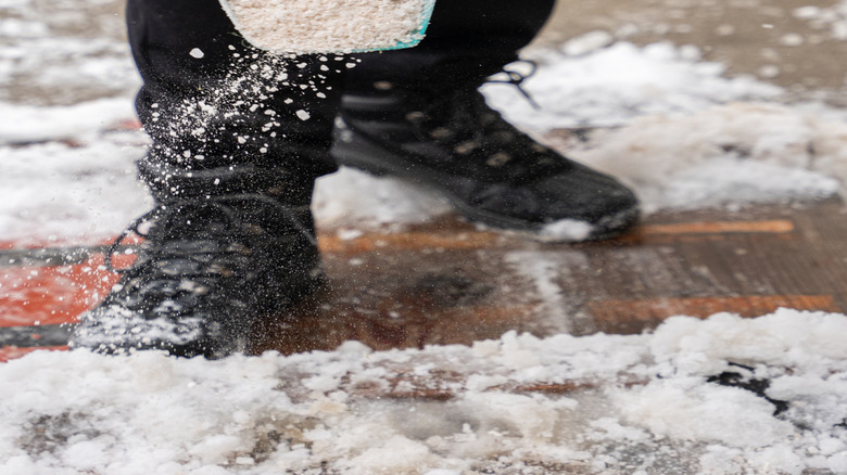 Man shoveling rock salt