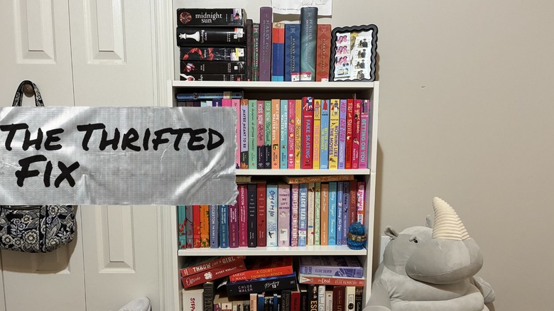 An overflowing bookcase with colorful novels