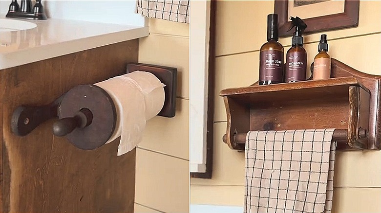 A splitview of two vintage wooden paper towel holders used in a bathroom