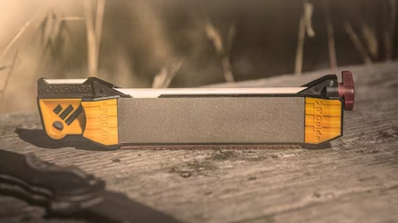 A Work Sharp hand file sits on a wooden table in a grassy spot