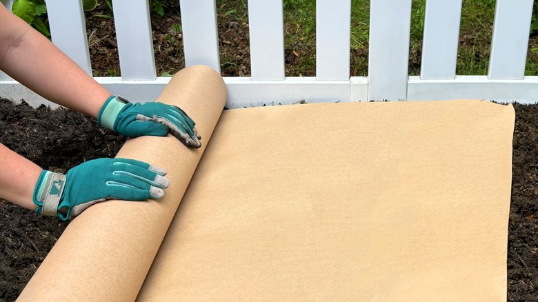 A person wearing teal gardening gloves rolls paper weed barrier over ground next to a white picket fence