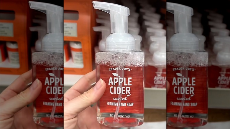 Person holding a bottle of Trader Joe's apple cider foaming hand soap