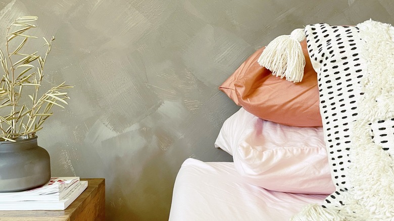 close-up of bedroom with limewashed walls