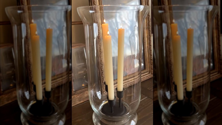 Thrifted vase and Dollar Tree items turned into gorgeous candle decor piece