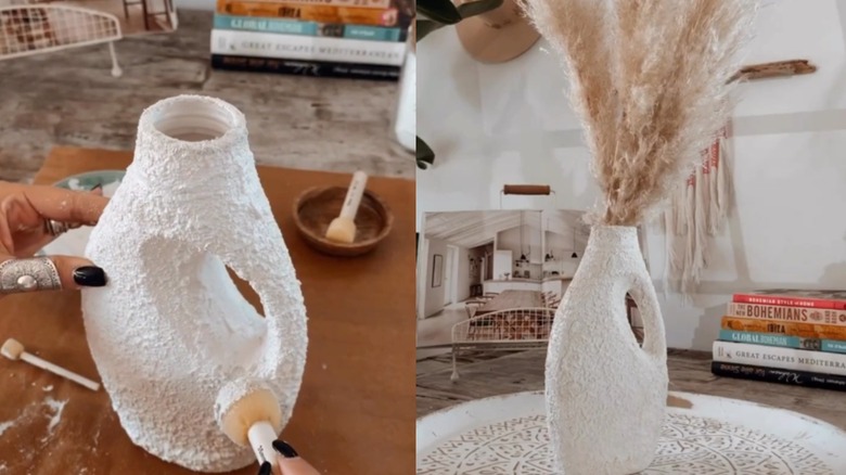 Side by side shots of a woman applying textured paint to a plastic bottle and the completed textured vase with ornamental grass in it
