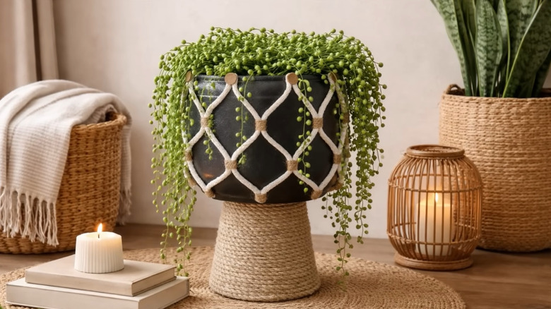 Decorative planter made from an old pot with a faux plant in it sitting on a table near other decor