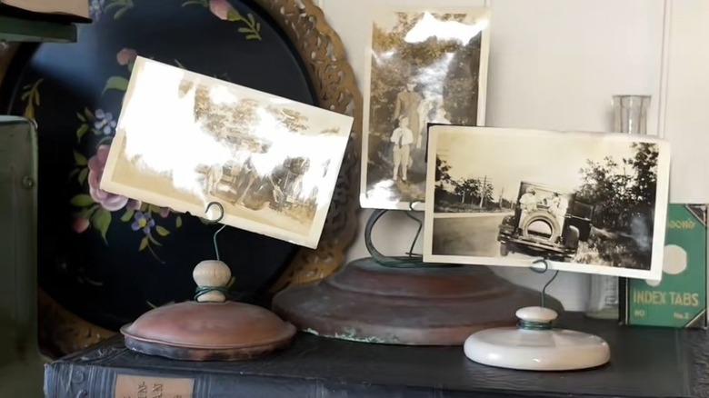 Vintage pot lids turned into photo holders DIY