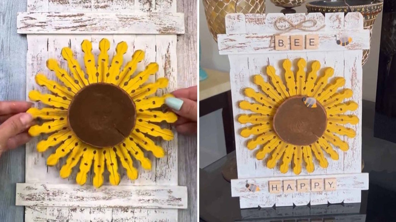 Sunflower decor made out of clothespins and paint stirrers
