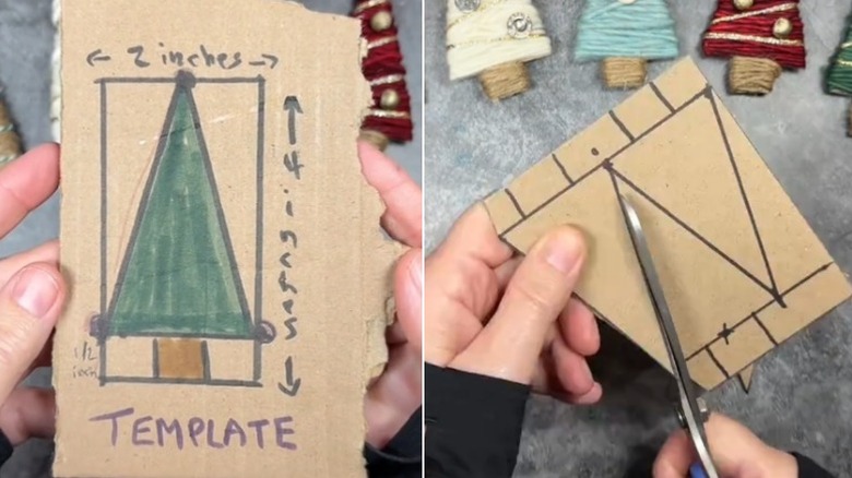 video of wrapping cardboard Christmas trees in string to make ornaments