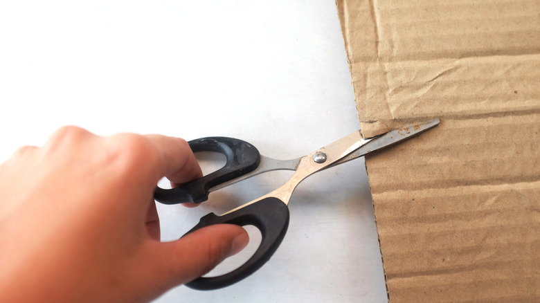scissors cutting cardboard box