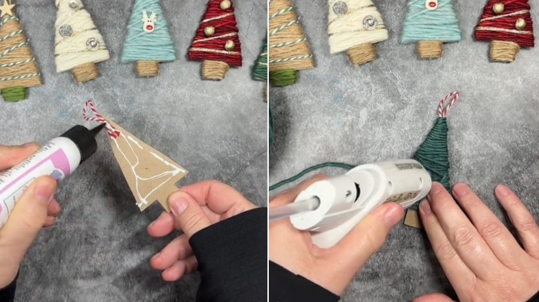 handmade string-wrapped Christmas tree ornaments with decorations and template used to make them