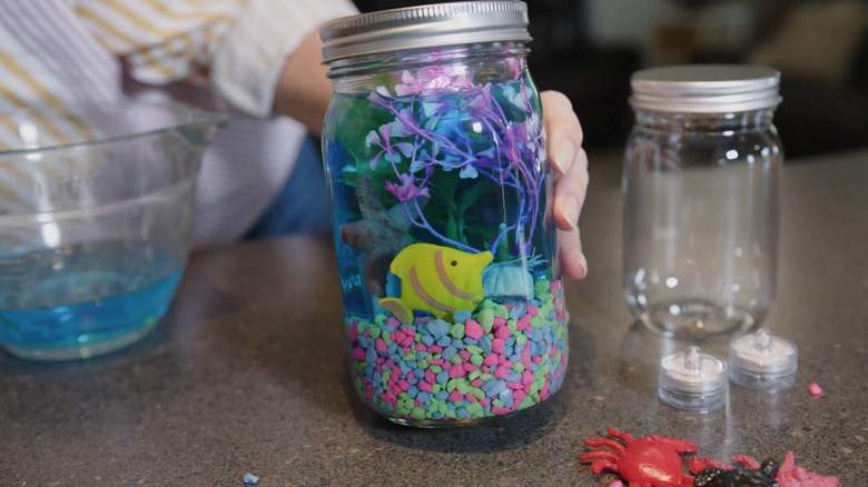 DIY aquarium made from Mason jar on a kitchen counter