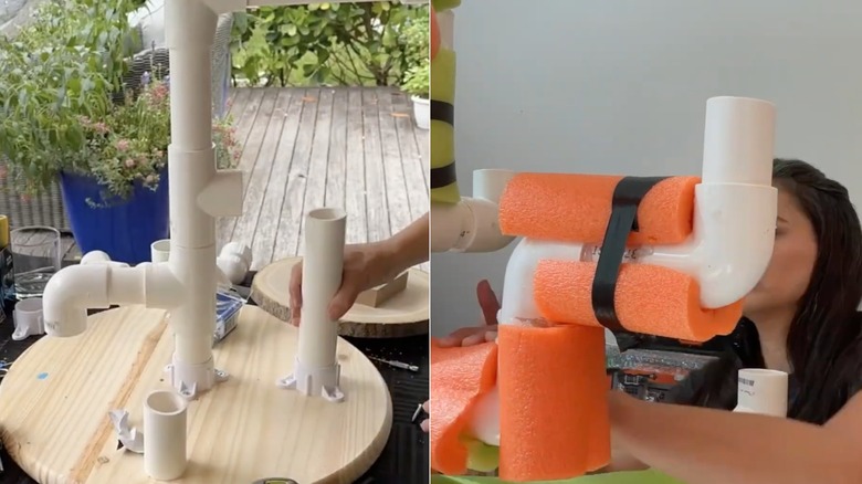 YouTuber building a Halloween witch tree with PVC pipes and pool noodles
