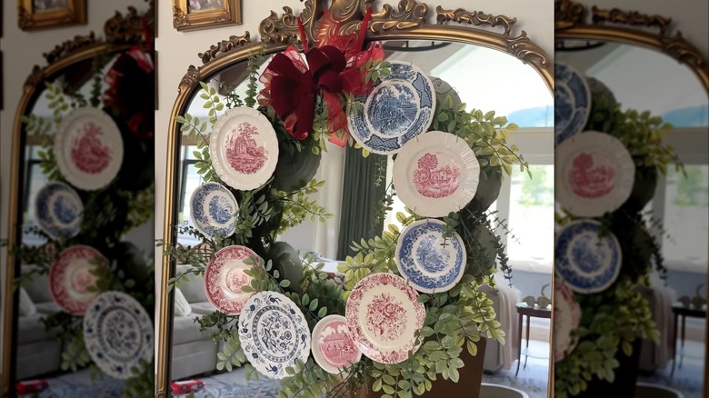 DIY wreath made from old repurposed dishes