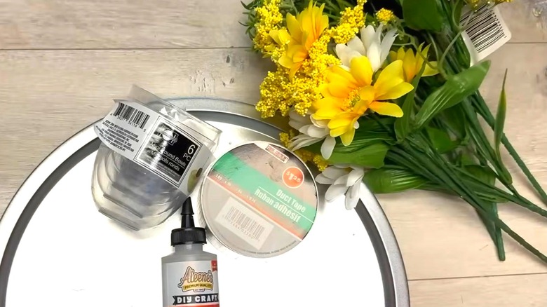 Dollar Tree supplies for DIY centerpiece on wood table