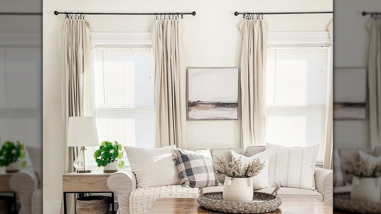 Micheala Diane Designs uses canvas drop cloths for living room window curtains