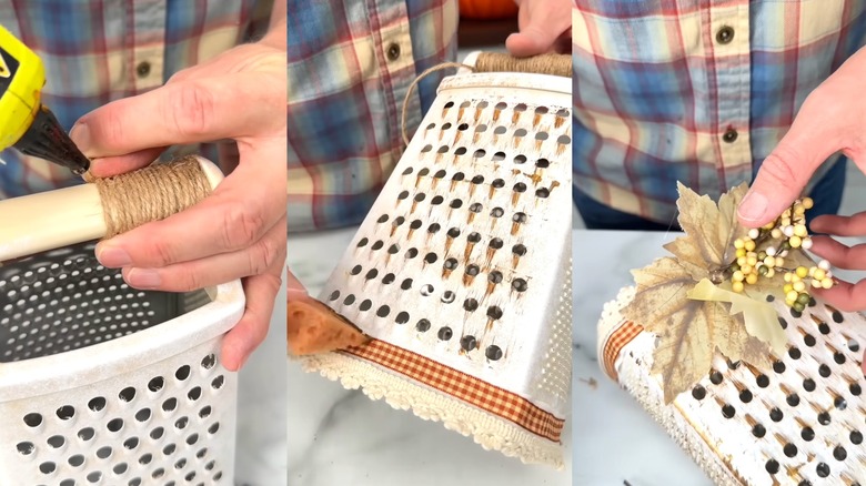 A crafter completes three unique steps of a DIY rustic farmhouse lampshade process