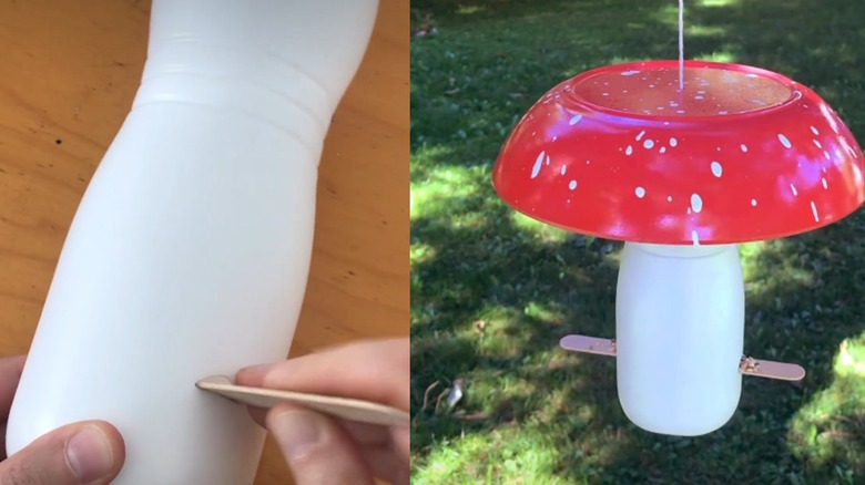 Side-by-side photos of a person sliding a stick through the bottom of a plastic bottle and the finished mushroom-shaped bird feeder.
