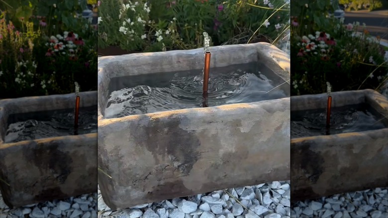 An aged concrete water fountain with a copper pipe is surrounded by flowers