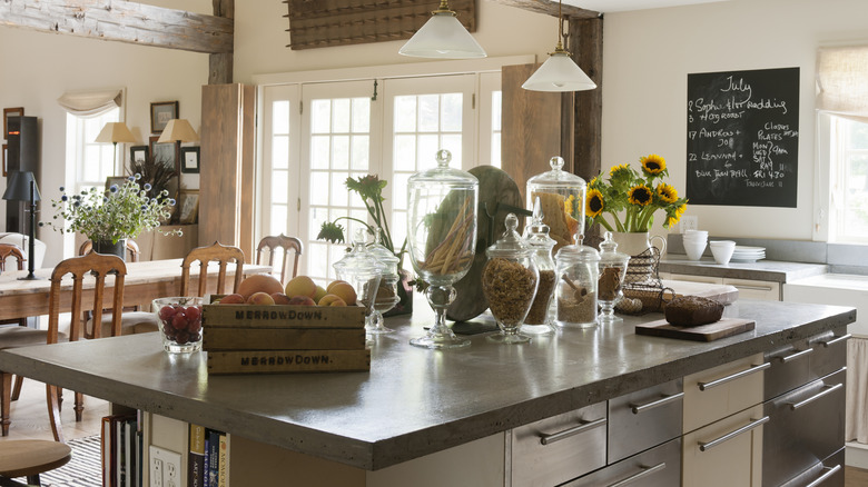 kitchen counter with decorative storage