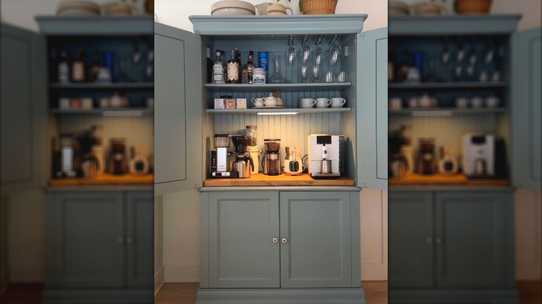 Old TV cabinet painted and turned into a coffee station and home bar