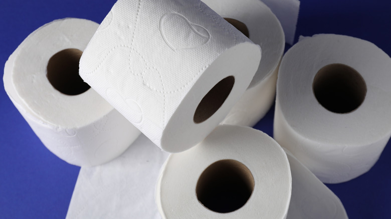 Rolls of paper towels are stacked on a blue table