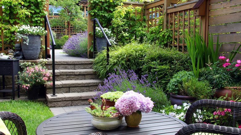 Blooming backyard garden with table and chairs.