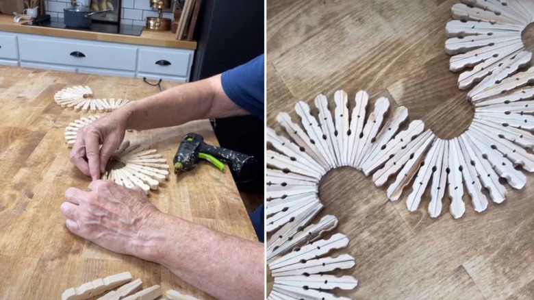 Person making DIY trivet for countertop out of clothespins