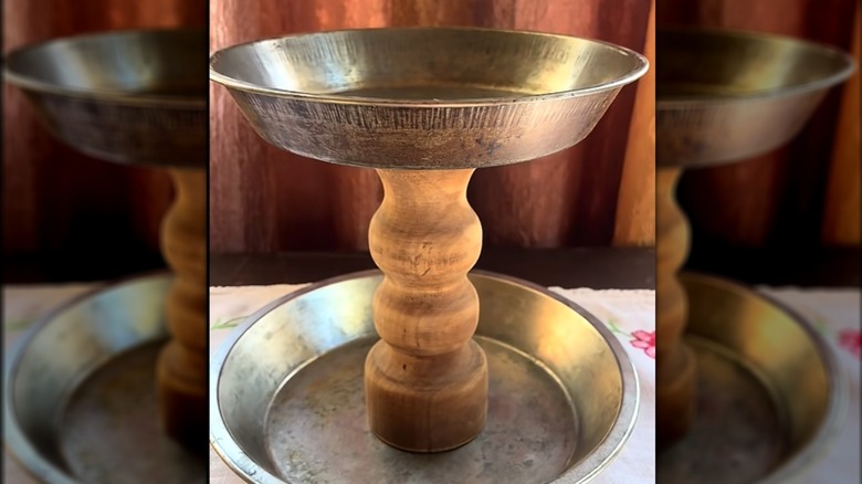 Tiered tray made from two vintage pie pans and a wooden candle holder