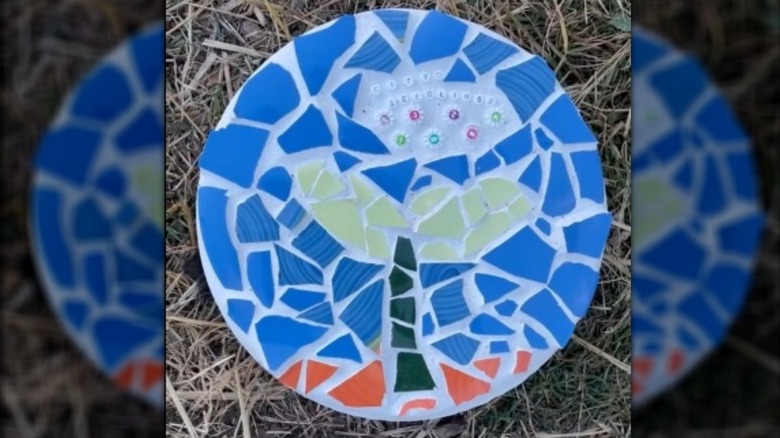 Mosaic garden stone with glass and beads