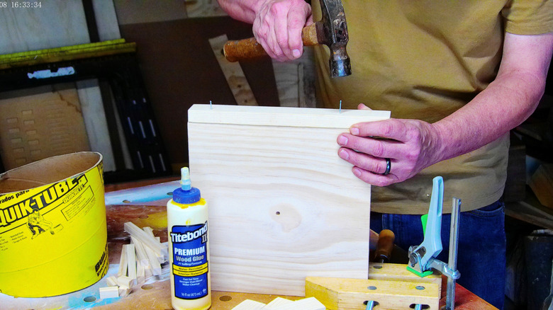 Gluing and nailing sides to the birdfeeder bottom
