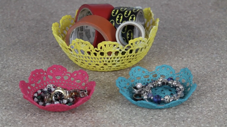 DIY colored doily storage bowls