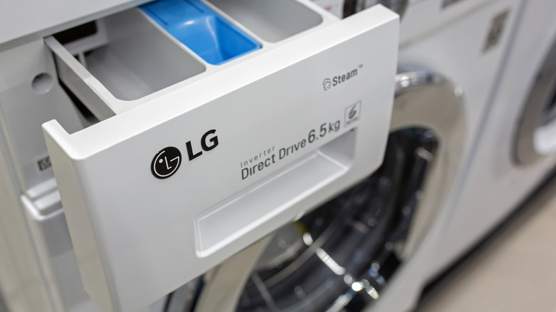 Close up of an LG washing machine's detergent compartment.
