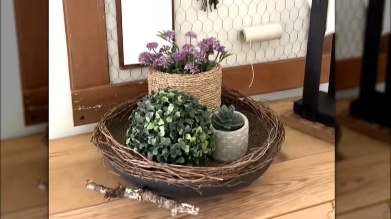 Plants inside a rustic-looking storage bowl placed on a wooden surface