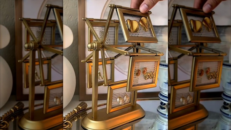 DIY spinning earring holder made from a photo frame carousel.