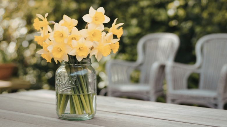 Glass jar holding bouquet of yellow flowers on a patio table
