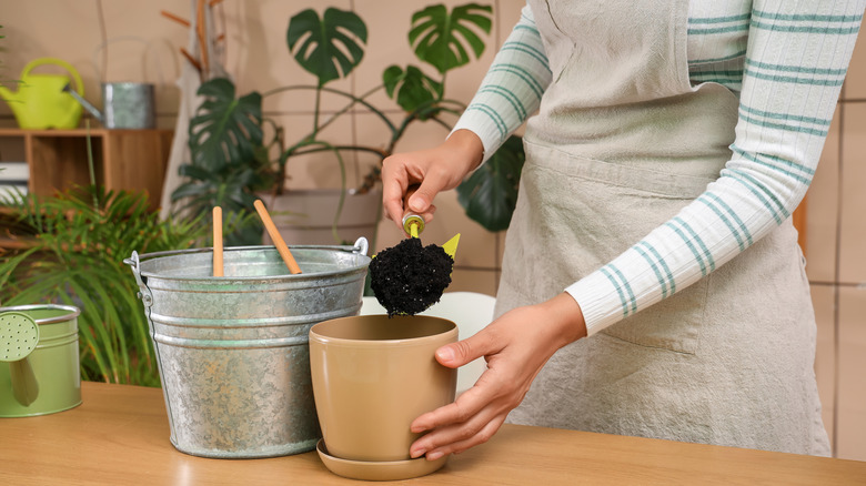 A woman puts soil into a planter