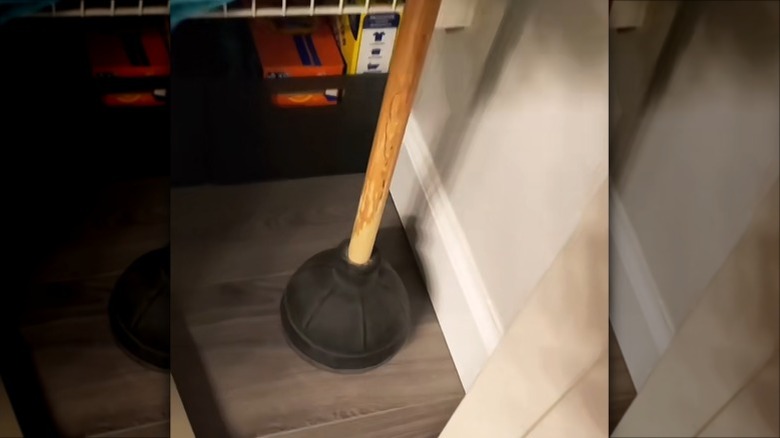 Toilet plunger on a saucer stored inside of a closet.