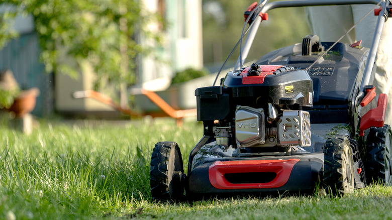 A lawn mower moving on top of a lawn