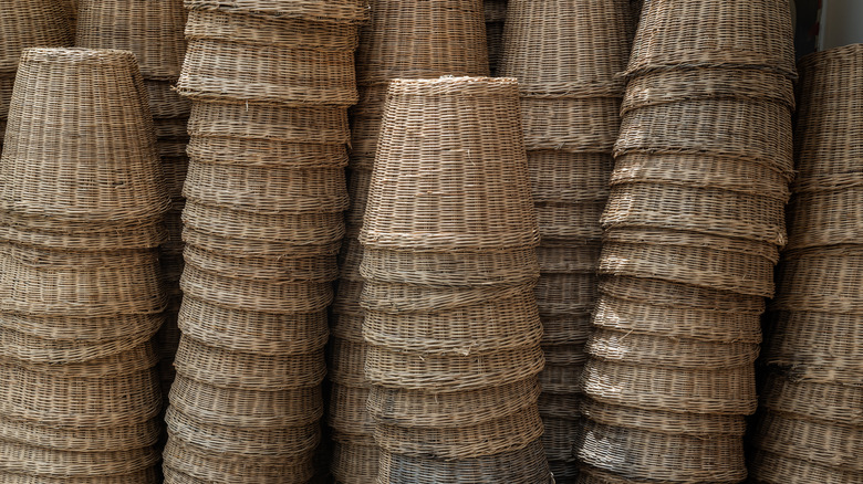 Woven baskets are stacked up