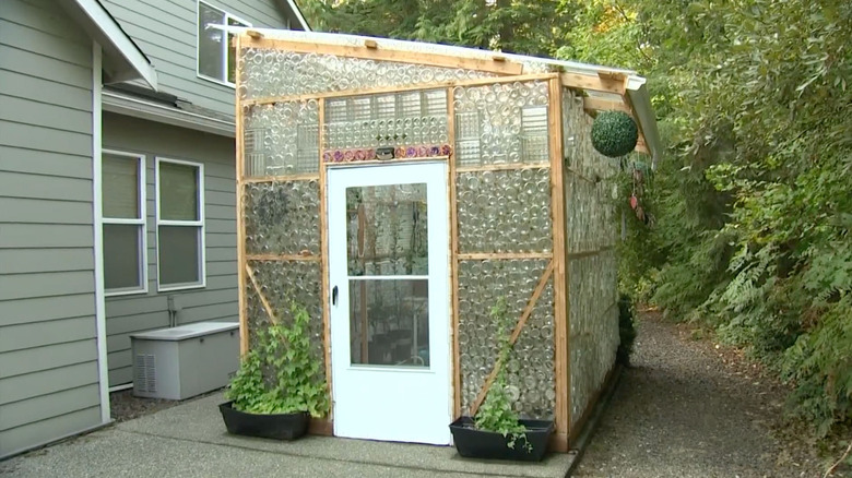A greenhouse made of upcycled glass jars sits on a slab next to a gray house