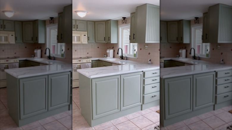 refreshed kitchen cabinets with new paint and beadboard