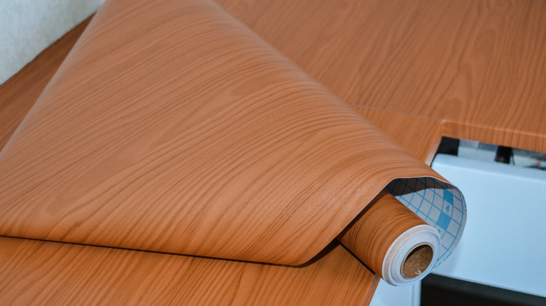 Vinyl wrap with faux wood grain for countertops