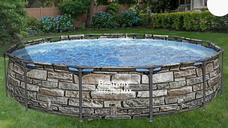 A closeup of the Bestway Steel Pro MAX above ground swimming pool with stone print.