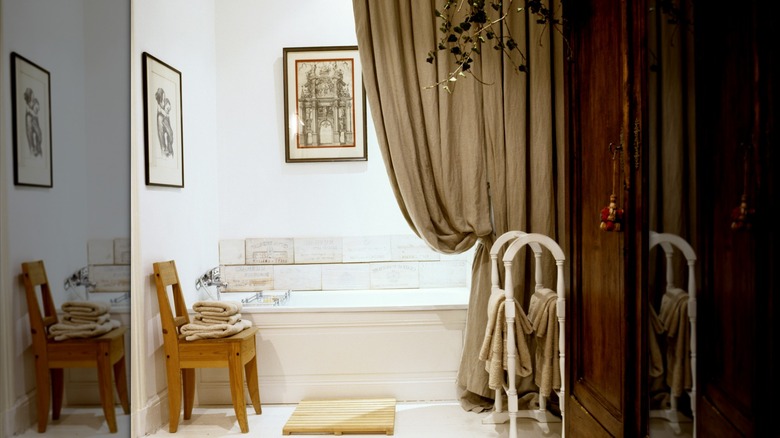 floor-to-ceiling shower decorative shower curtain with drapery tieback