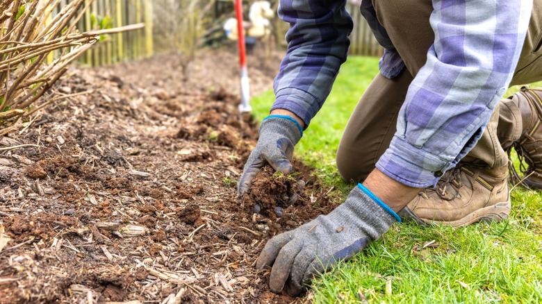 Person fixing edging around mulched flower garden