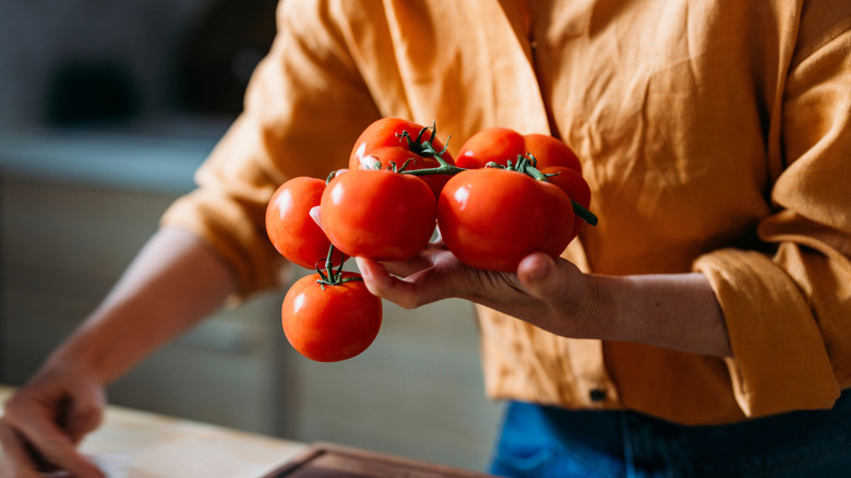 Close-up of a person holding a bunch of fresh tomatoes on the vine in a warm, cozy kitchen setting.