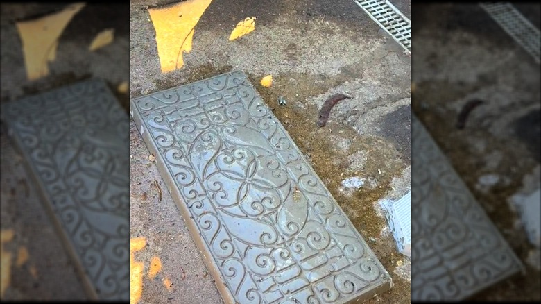 DIY paver stone made from mortar mix in boot tray on wet pavement