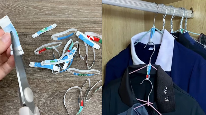 Person cutting up toothpaste bottle and finished example of clothes organizer rings